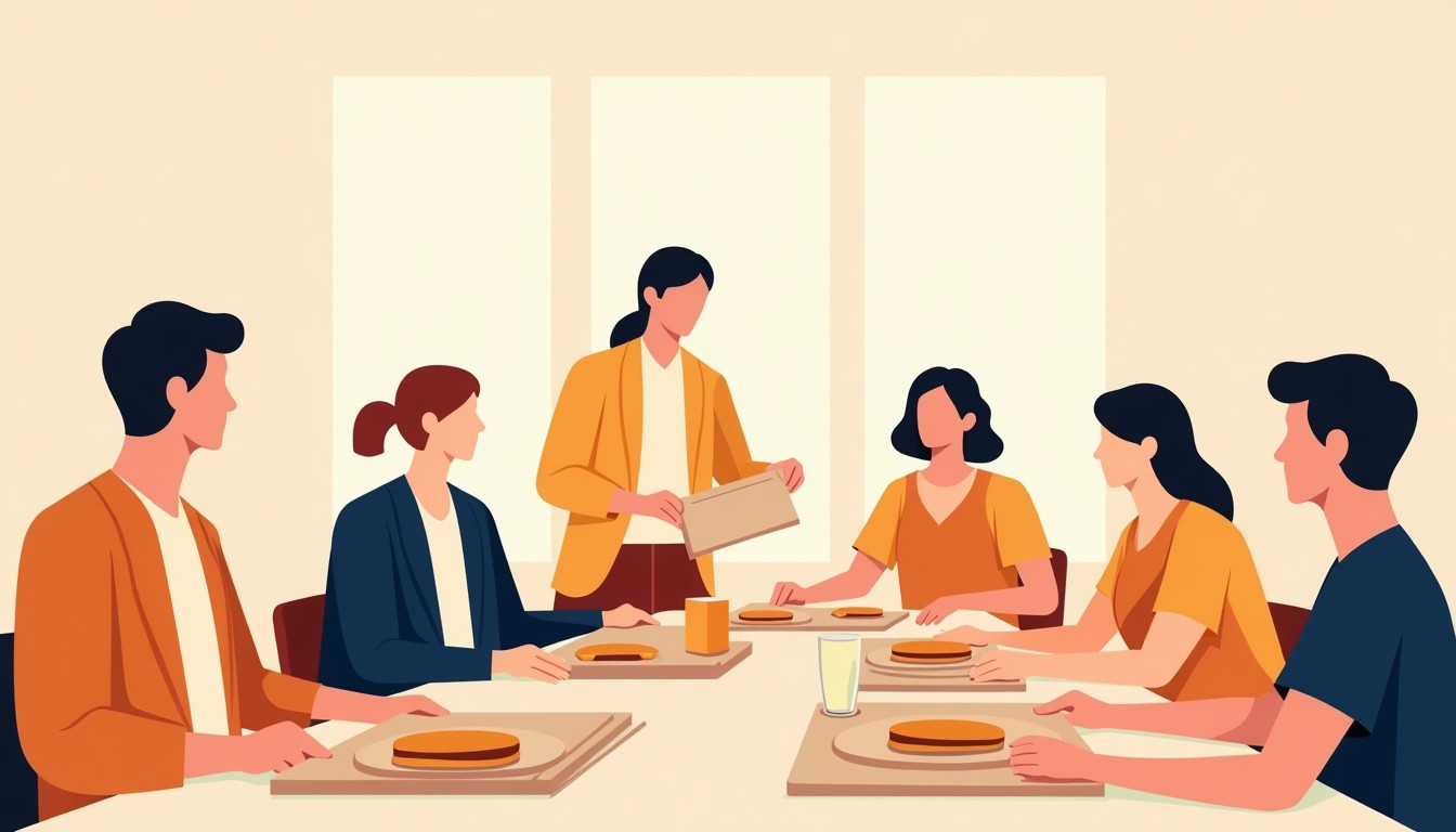 Illustration of a Dutch office lunchbreak with sandwiches and milk.