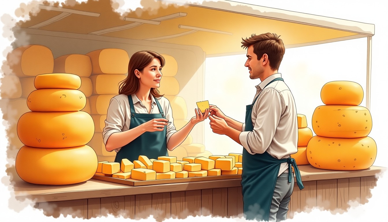Illustration of a Dutch cheese market stall with wheels of cheese.
