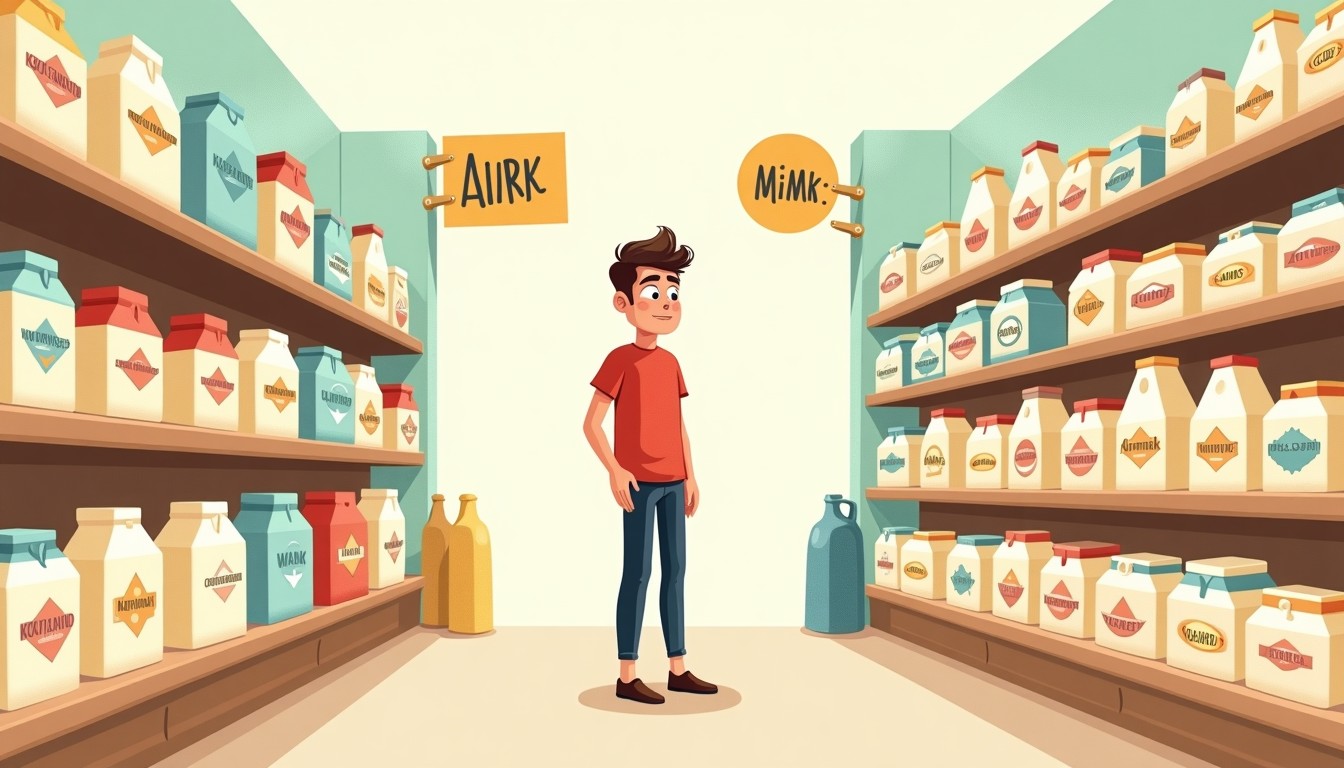 Illustration of a person looking overwhelmed in a Dutch supermarket dairy aisle.