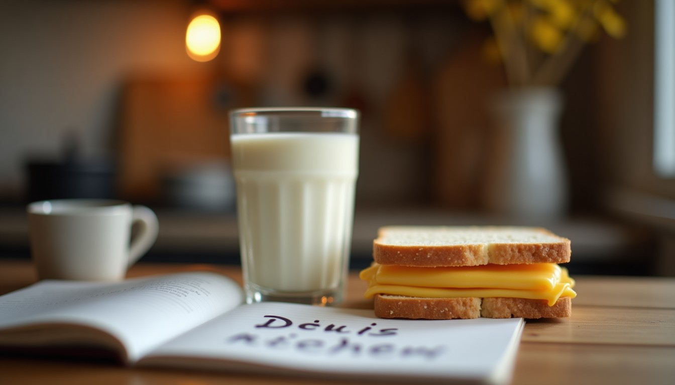 Illustration of a cheese sandwich, a glass of milk, and a Dutch vocabulary notebook on a table.