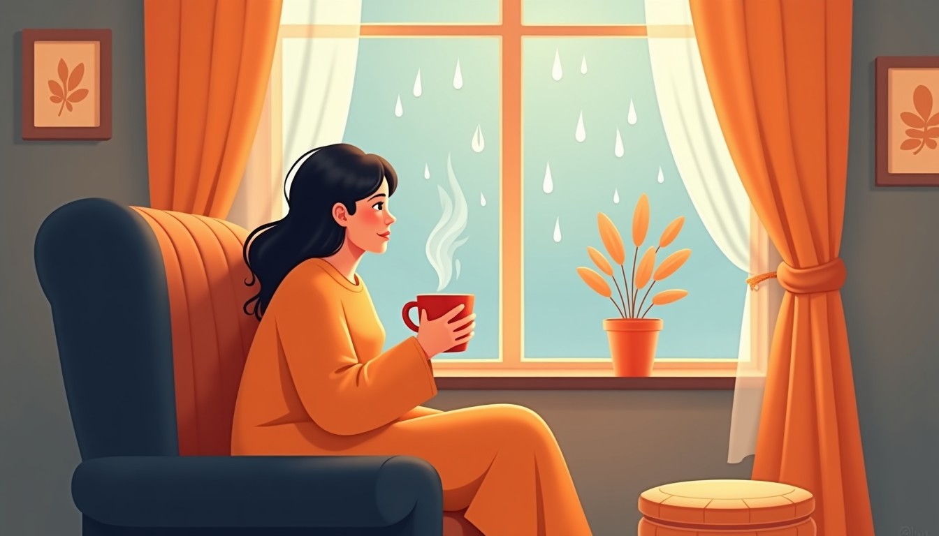 A person looking comfortable and relaxed in a chair with a hot drink while it rains outside.
