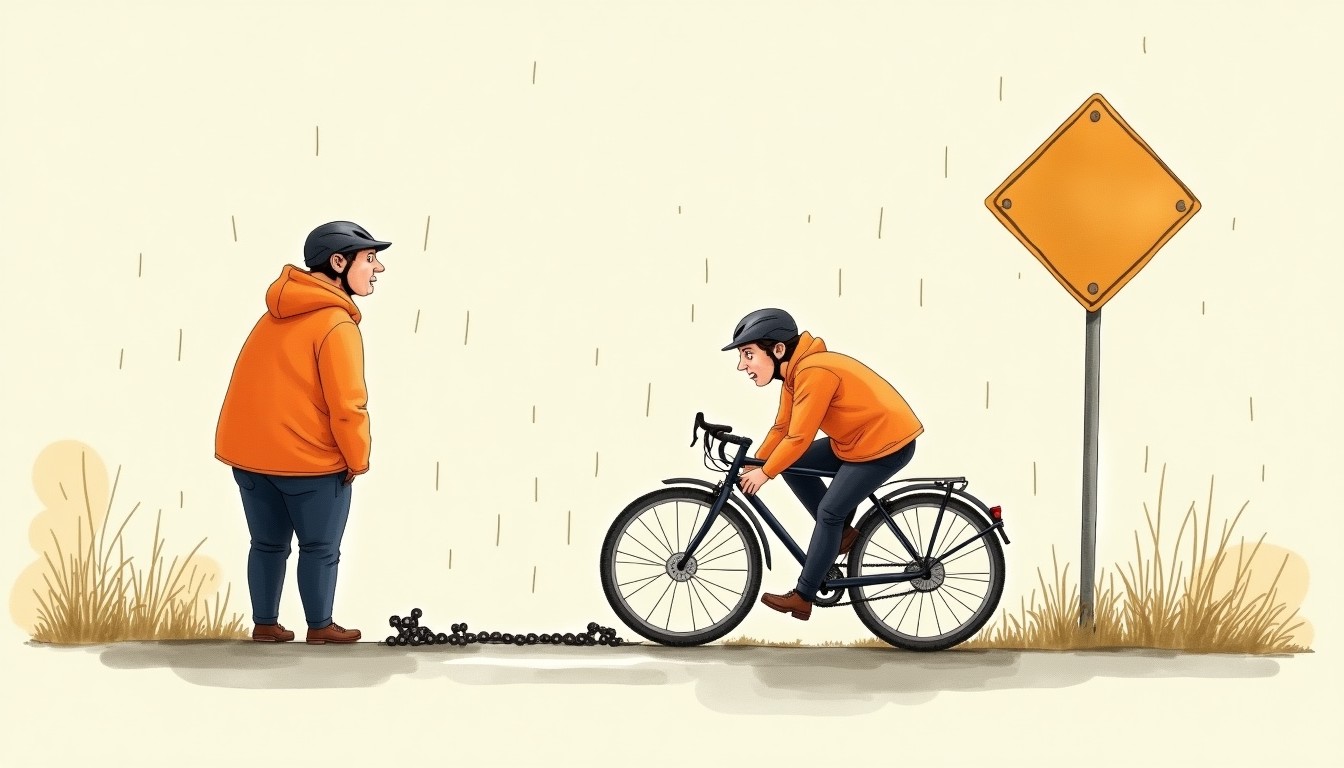 A person with a broken bicycle in the rain, being observed by someone else.