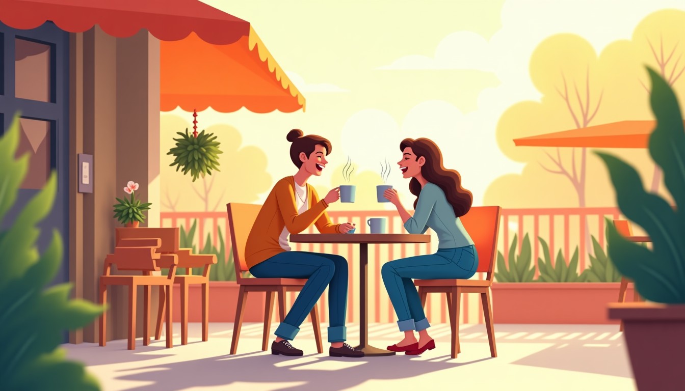 Two people enjoying coffee and laughing together at an outdoor cafe.