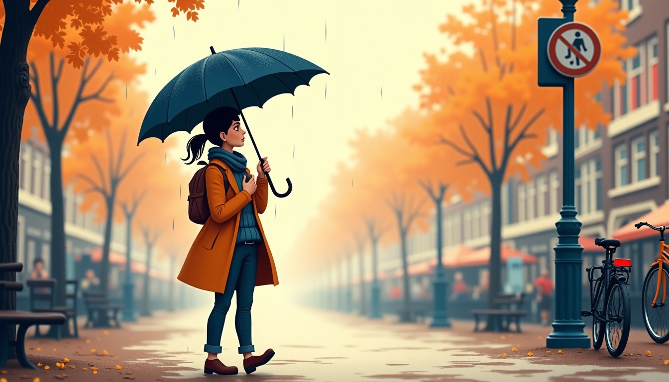 A person walking in the rain in a Dutch city