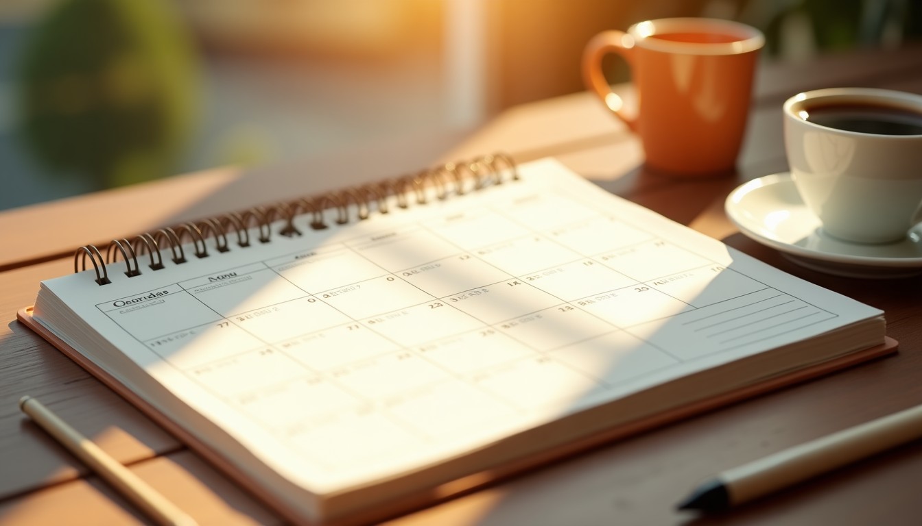 Illustration of a daily planner on a desk with coffee.