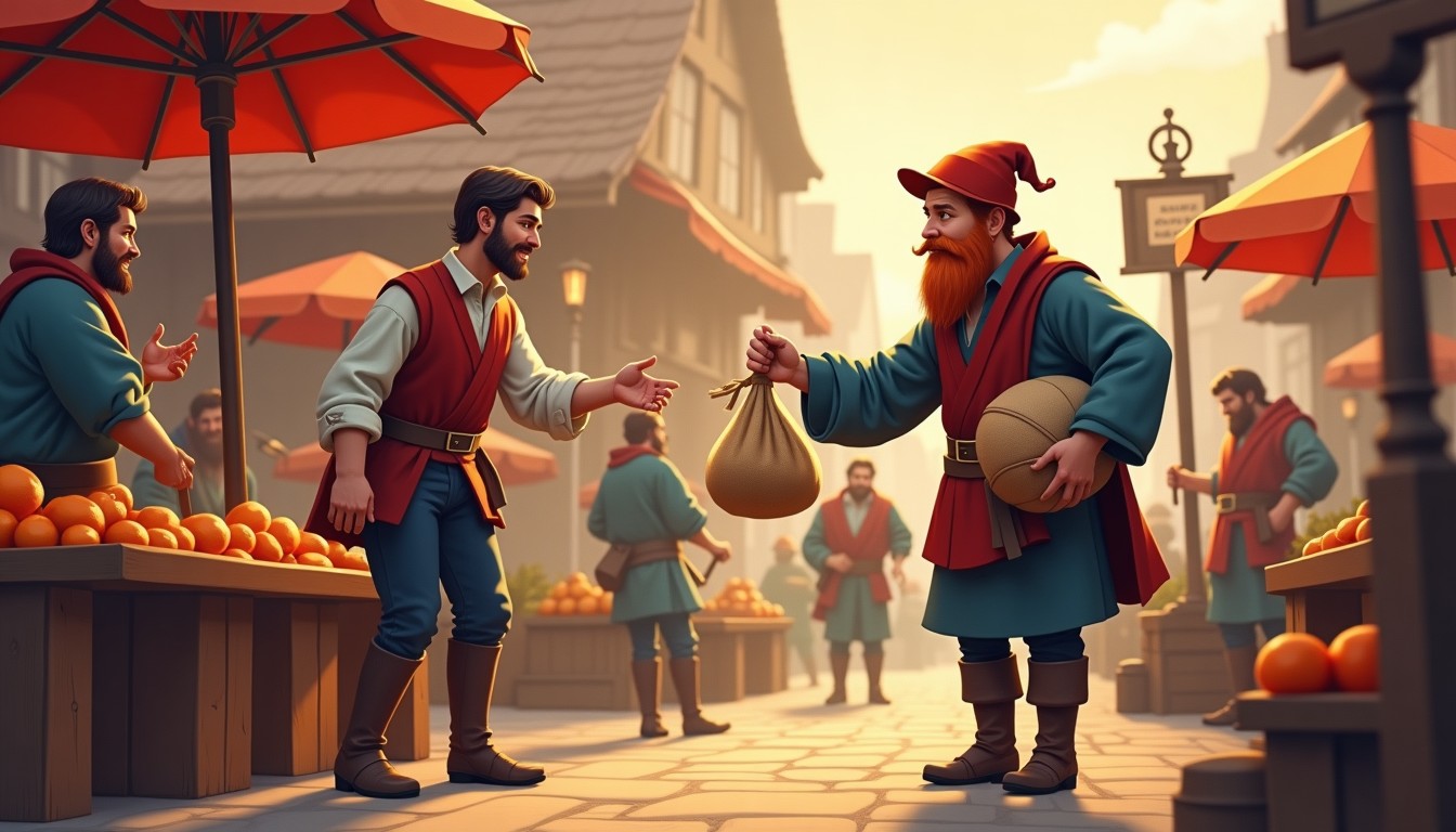 Medieval market scene with a vendor handing a sack to a buyer.