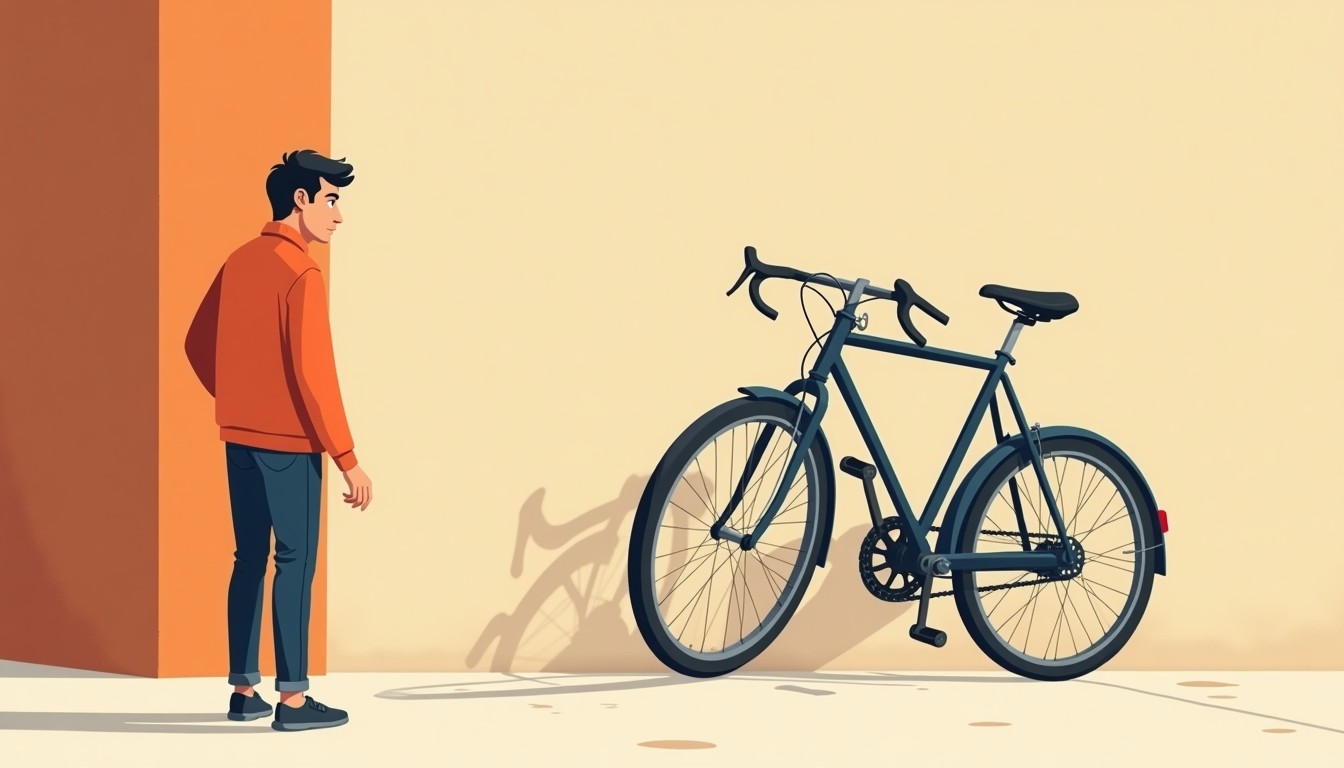 Frustrated person looking at a broken newly bought bicycle.
