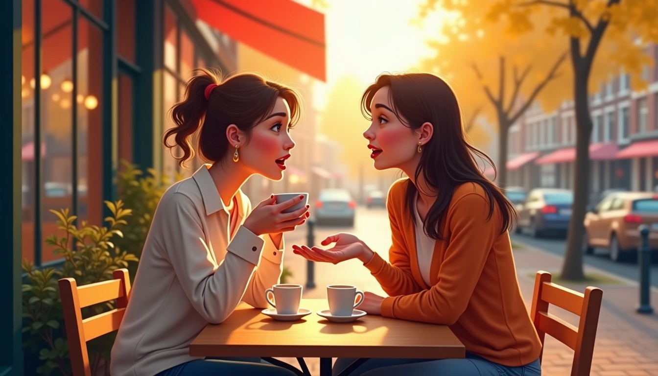Two friends gossiping over coffee at a Dutch canal-side cafe