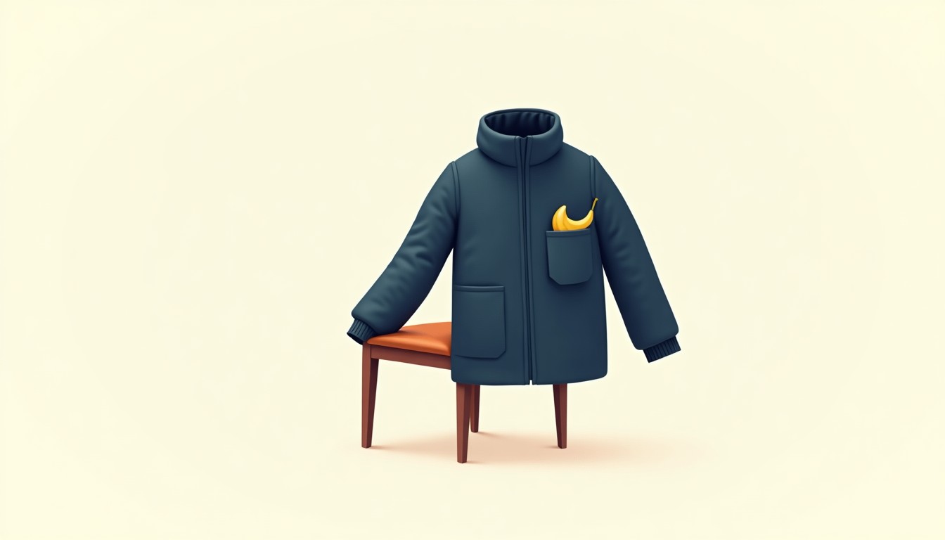 A winter jacket over a chair with a banana in the pocket