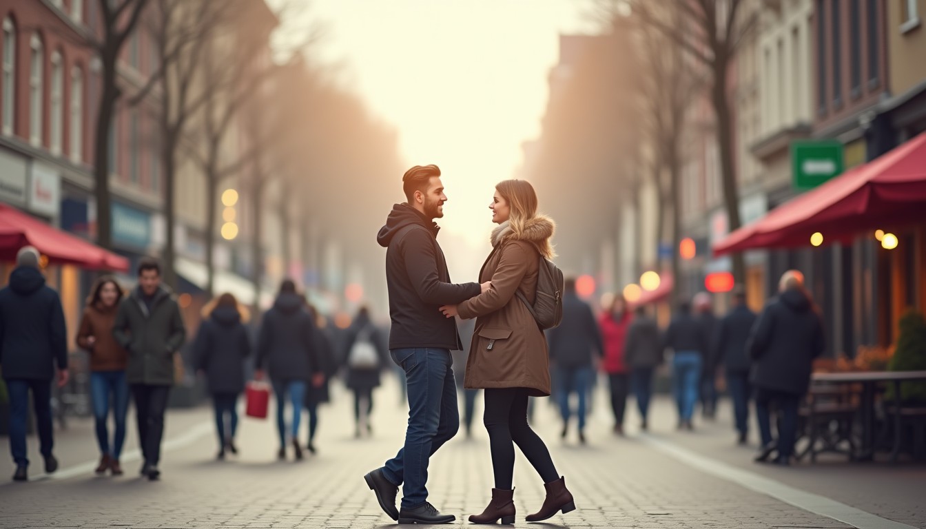 Two people bumping into each other on a street and both apologizing.