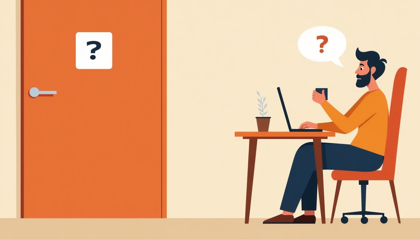 A confused person sitting in a meeting room with an empty mug.