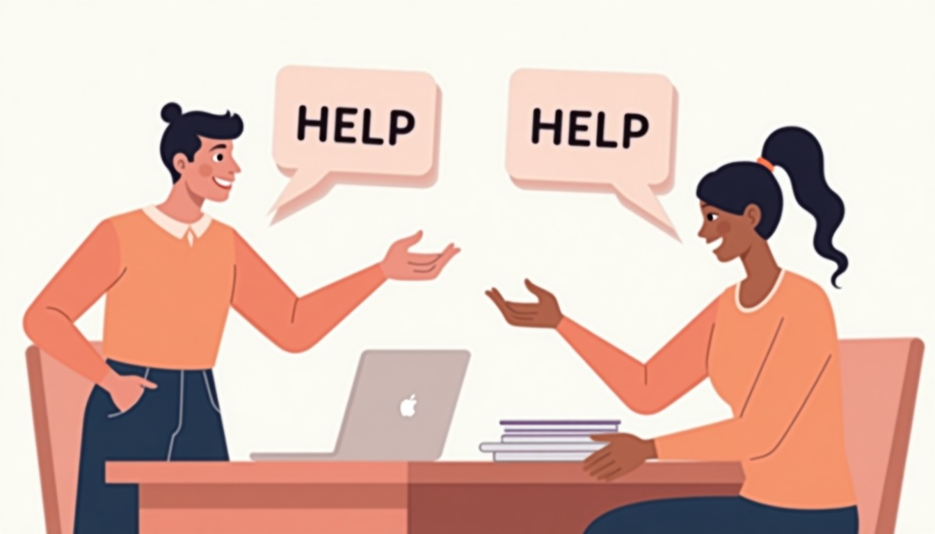 One colleague offering help while the other politely declines with a stressed expression.