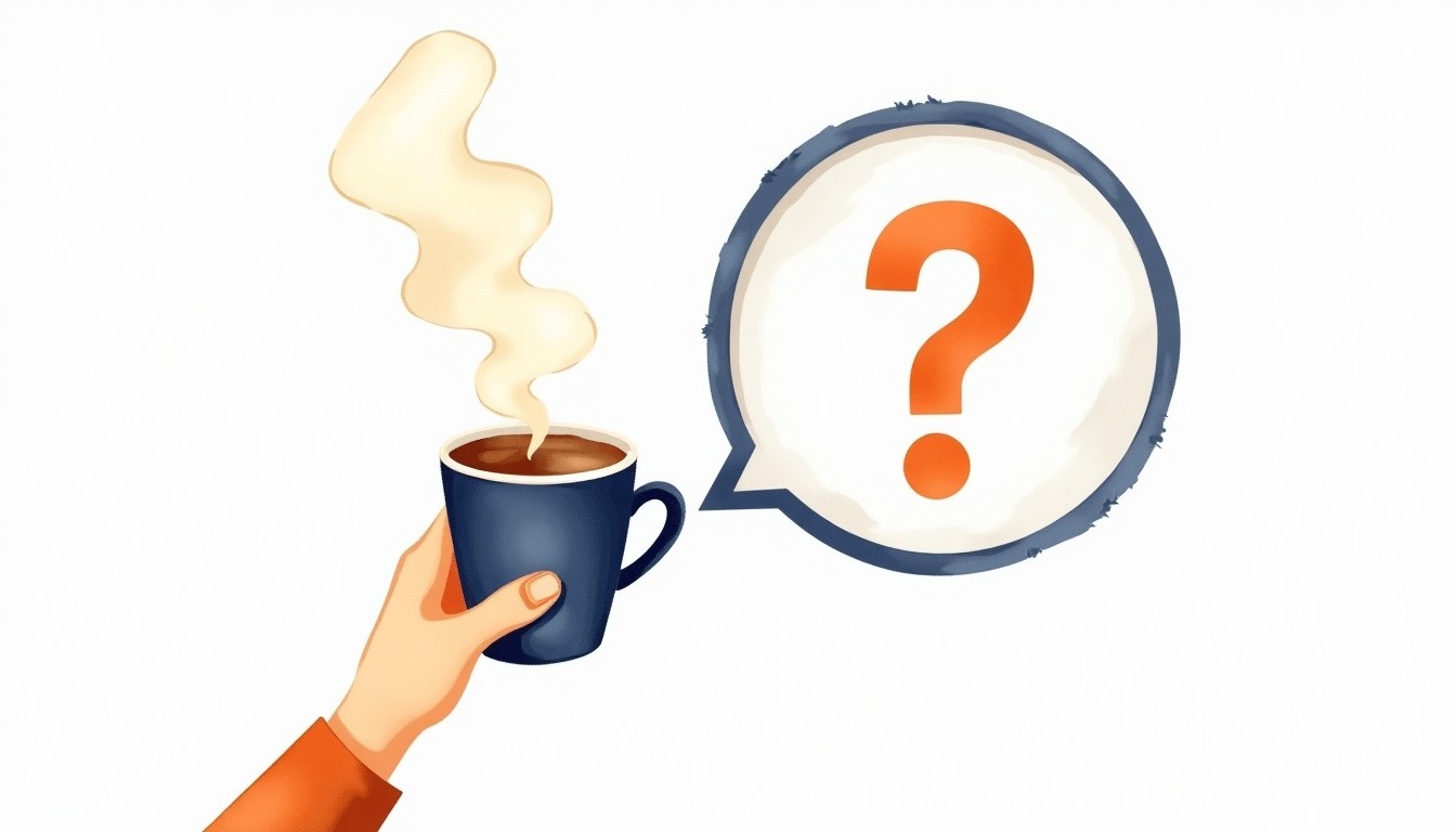 A hand holding a coffee cup next to a question mark.