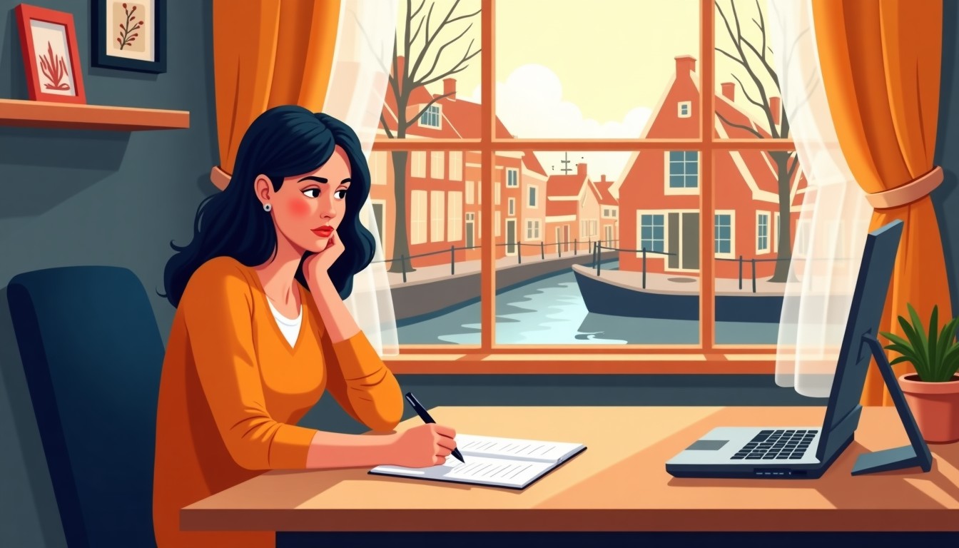 A person sitting at a desk writing in a notebook with a Dutch canal view outside