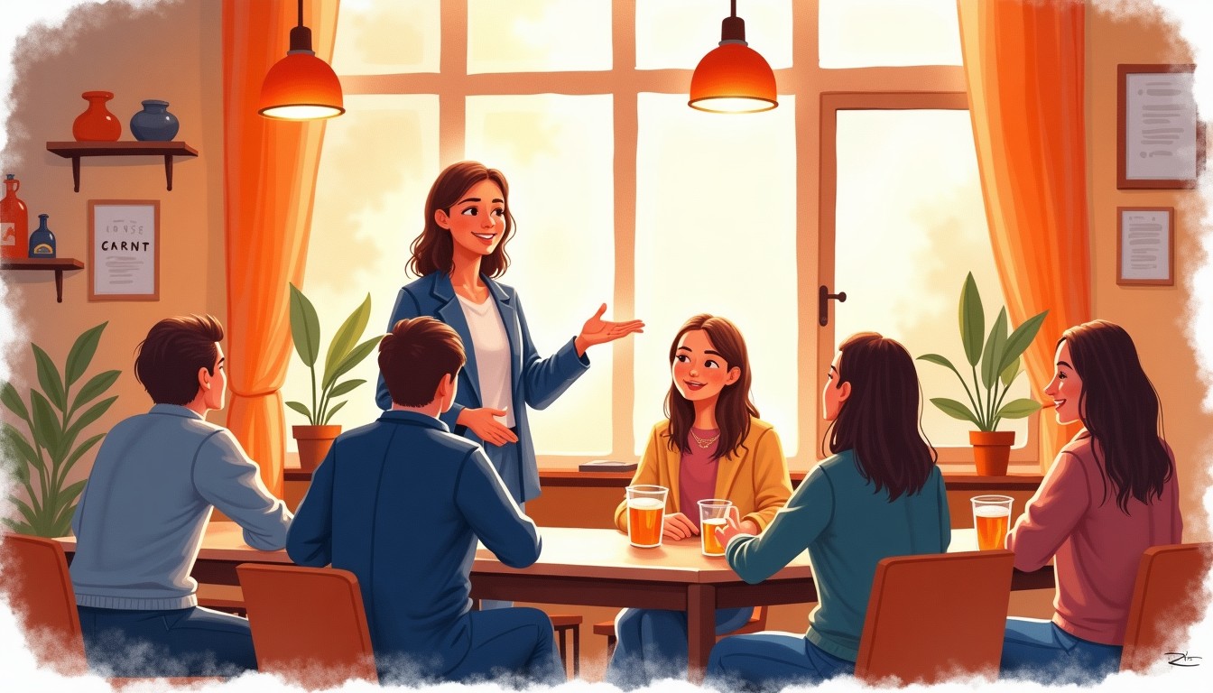 A person speaking confidently to friends in a cozy café