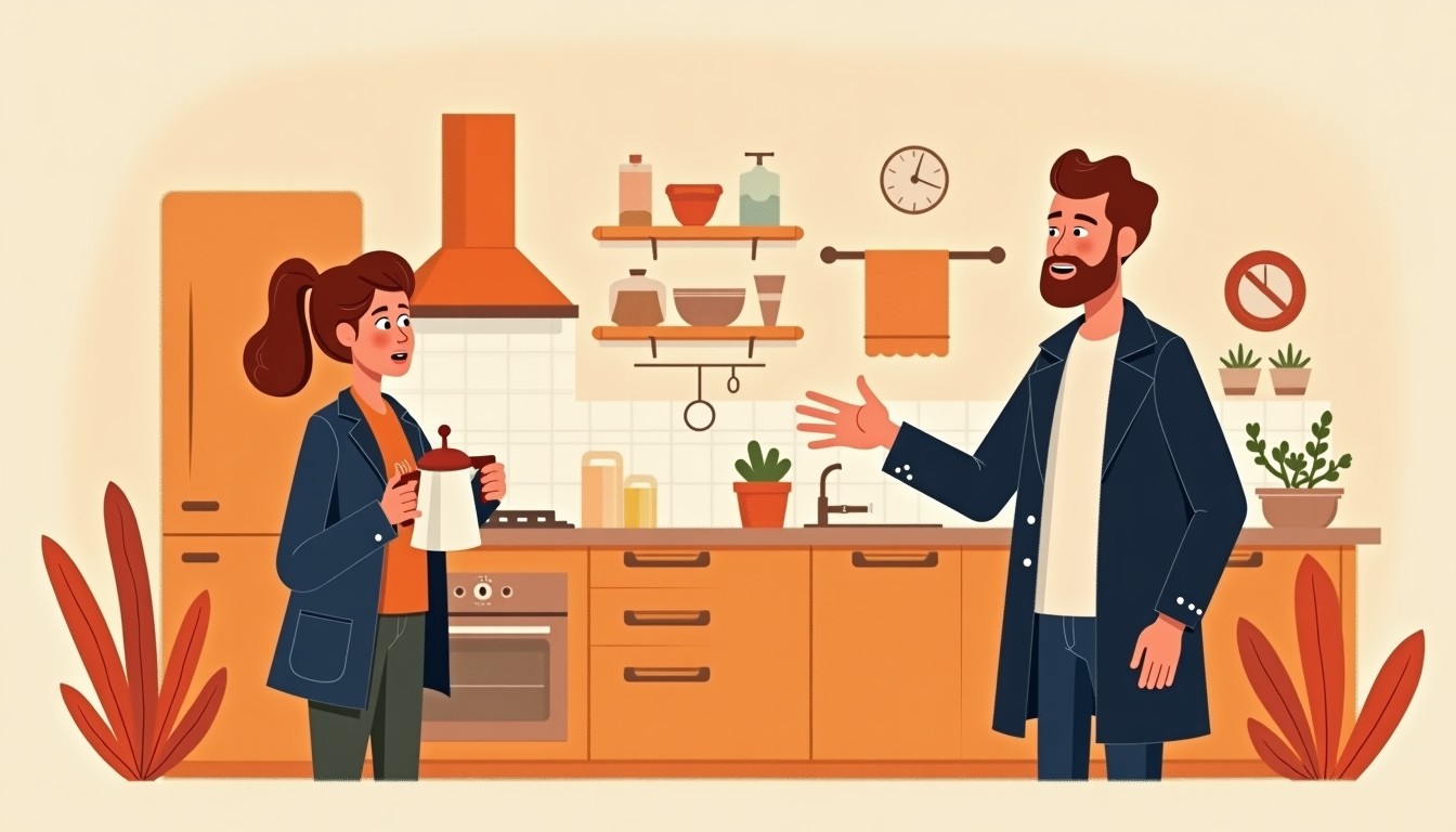 An expat looking confused while offering coffee to a Dutch person who is putting on their coat to leave.