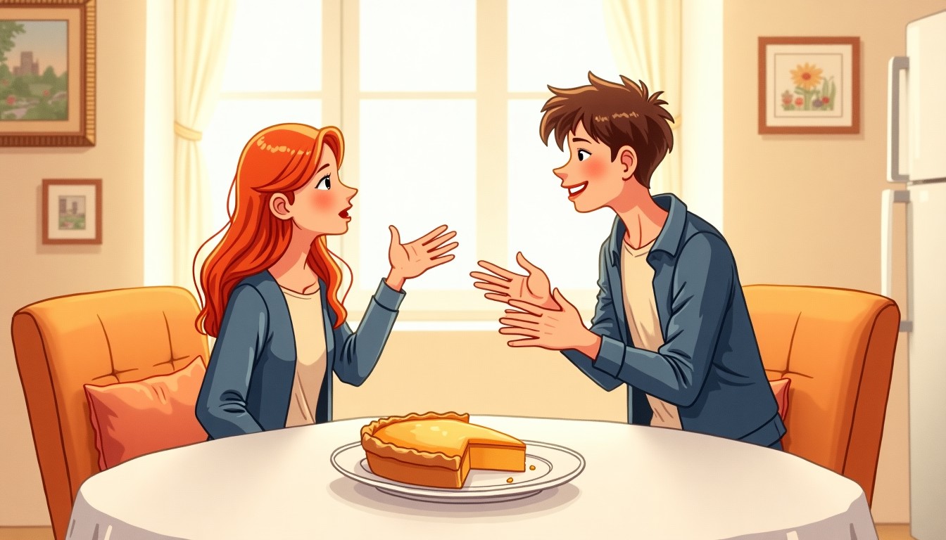 A person putting an apple pie back in the fridge while another person gestures 'no' politely.