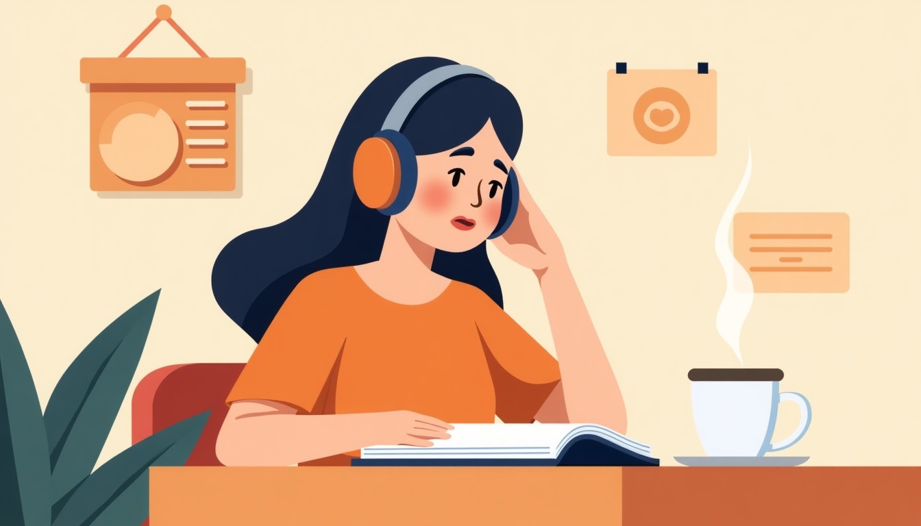 A person listening with headphones at a cafe, practicing Dutch.