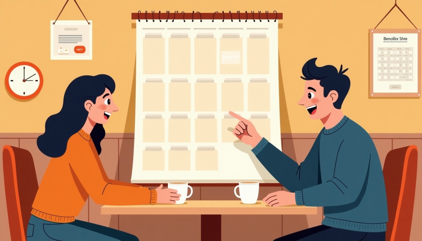 Two people looking at a very full calendar in a cafe.