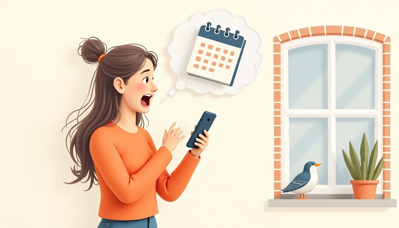 Person looking surprised at their phone with a calendar flying away in a thought bubble.