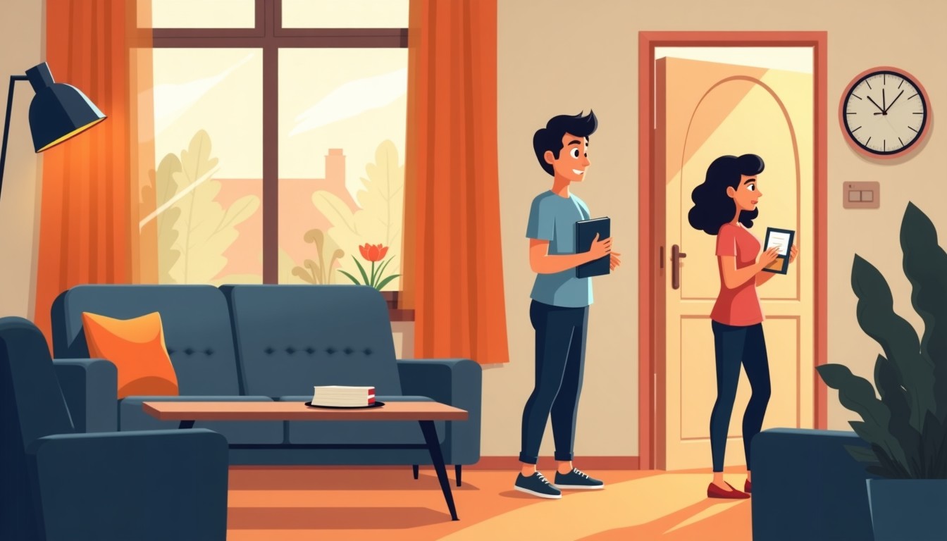 Person inside looking panicked at a clock while someone knocks on the door.