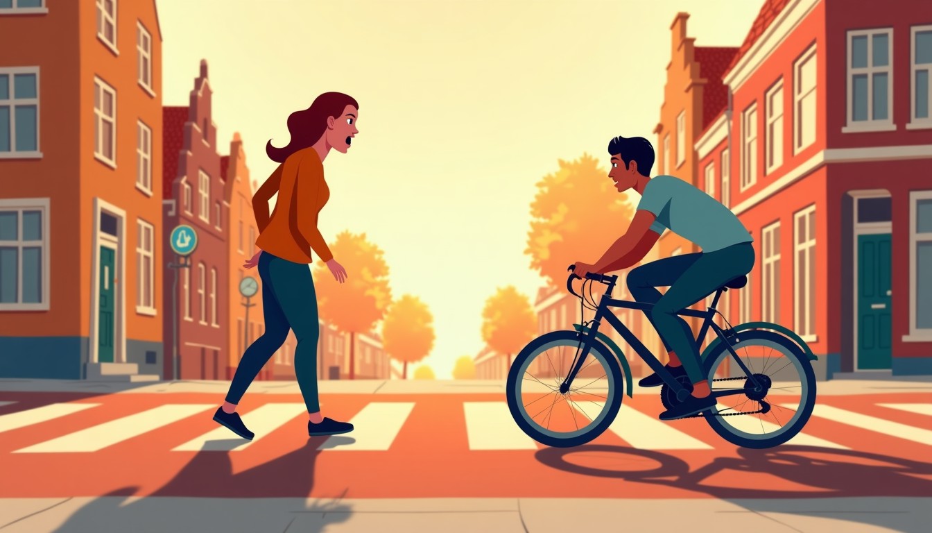 A person looking surprised as a bicyclist speeds past on a Dutch street.