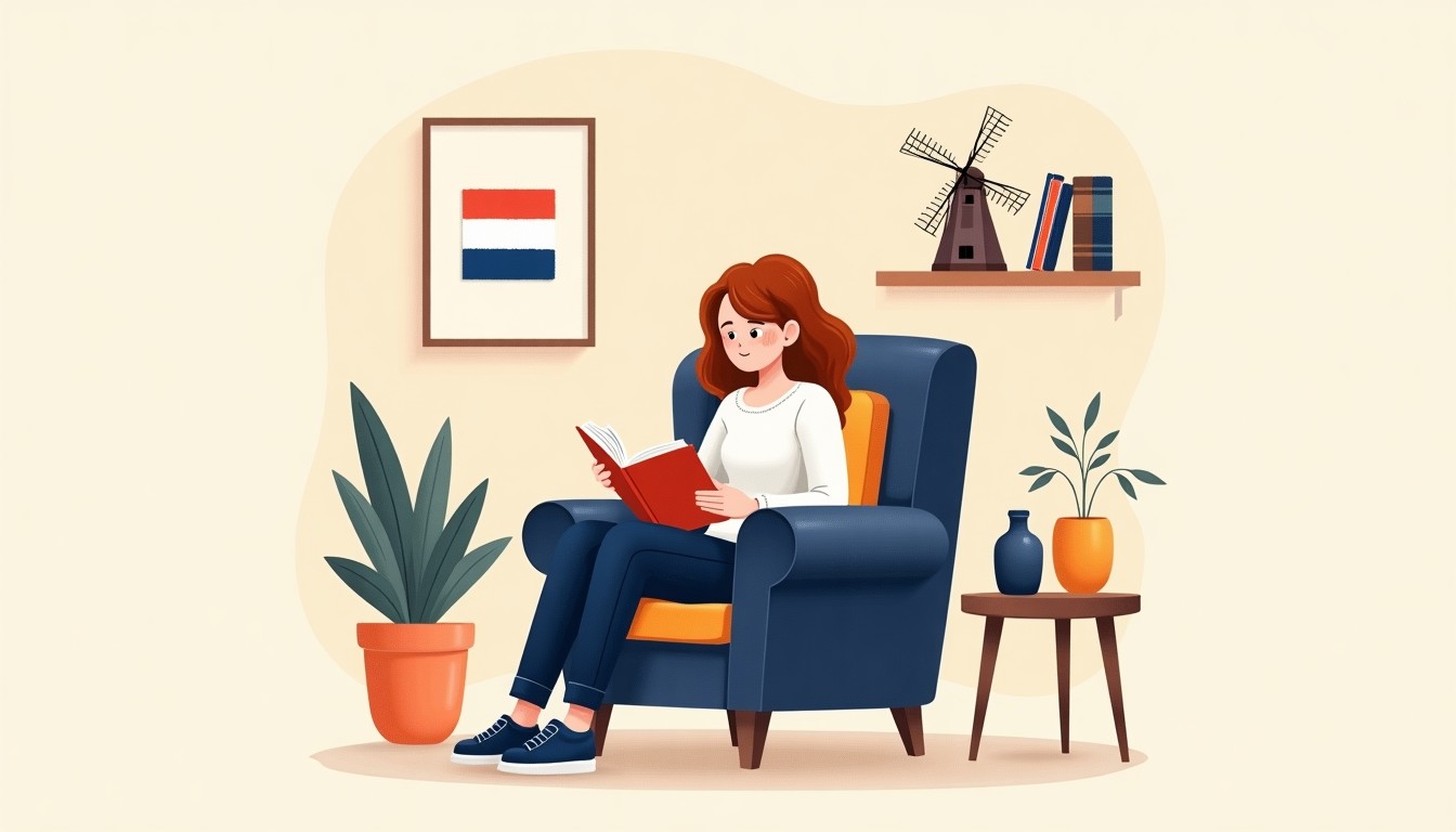 A person reading a book with a curious expression in a cozy room.