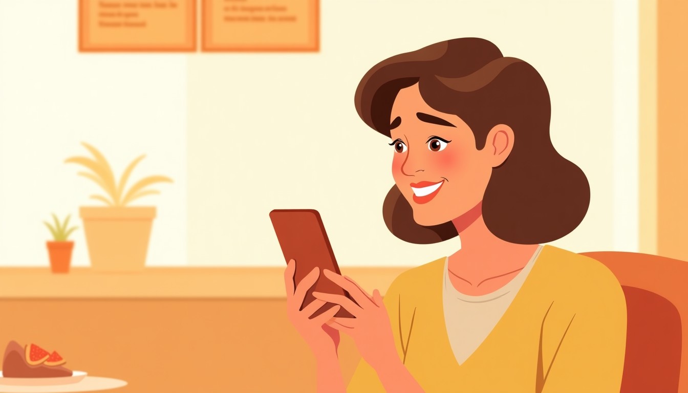 A person looking embarrassed but smiling while looking at their phone in a cafe.