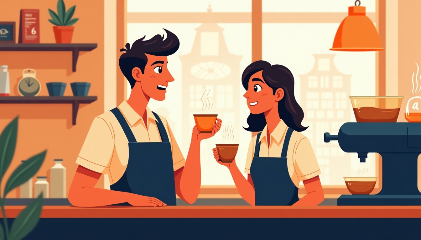 Illustration of a confused barista and a customer in a Dutch cafe.