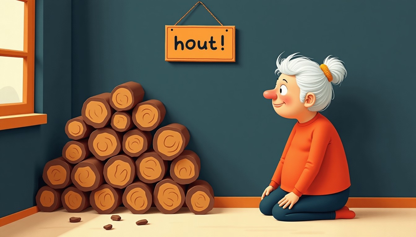 Illustration of an older woman sitting next to firewood.