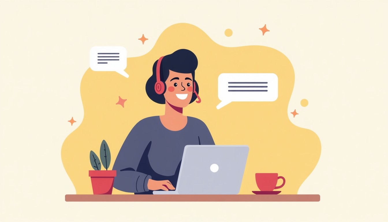 Illustration of a person practicing language with headphones at a desk.