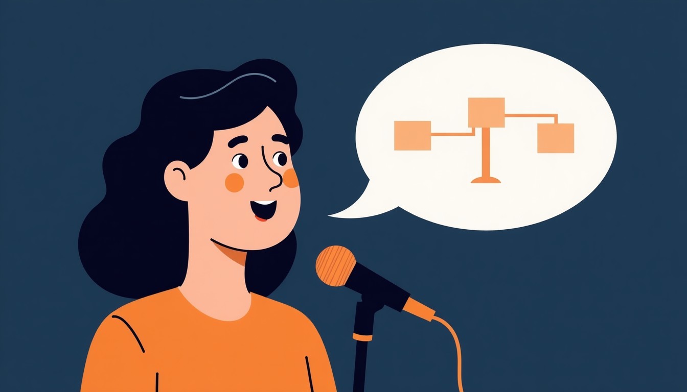 A person speaking calmly into a microphone.