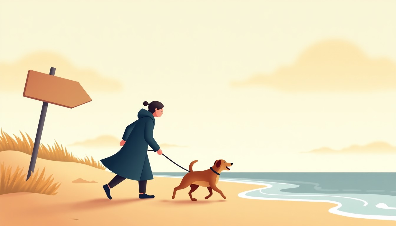 Illustration of someone walking a dog on a windy beach