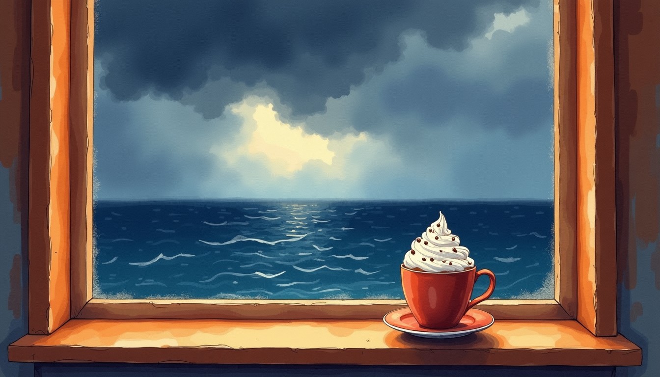 Cozy cafe view of a stormy sea with hot chocolate
