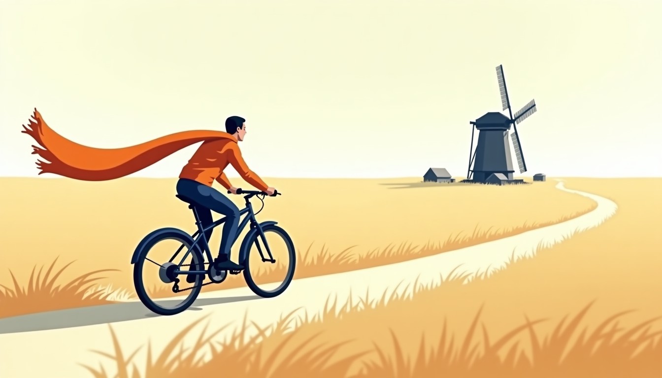 Cyclist battling a strong headwind in the Netherlands