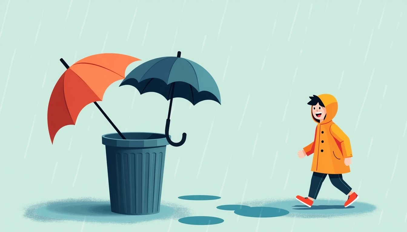 A broken umbrella in a trash can with a happy person in a raincoat walking away