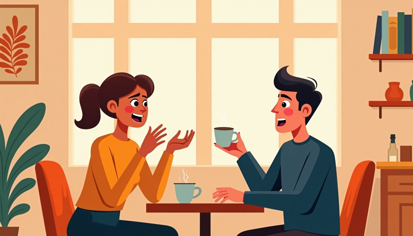 Two people in a cafe, one looking shocked.