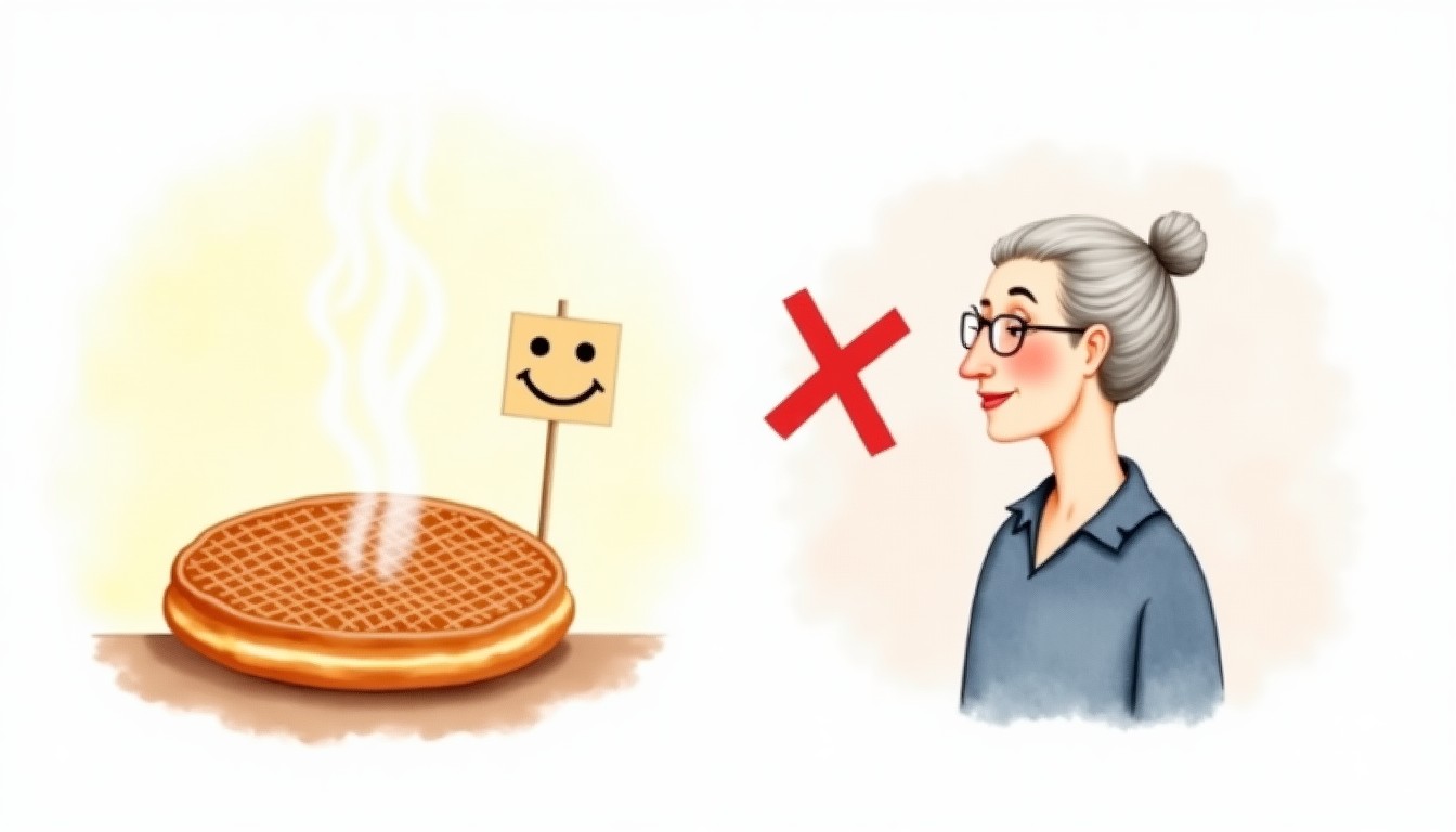 A stroopwafel and an older woman, showing when to use 'lekker'.