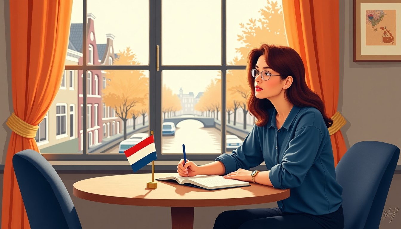 A person studying Dutch at a desk near a window.