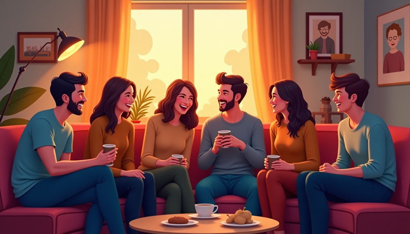 A group of friends laughing in a living room.