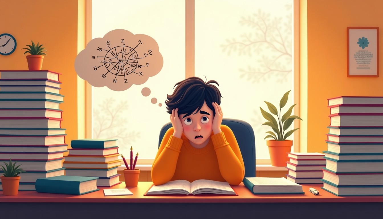 Illustration of a frustrated student overwhelmed by grammar books, viewing language as a complex math equation.
