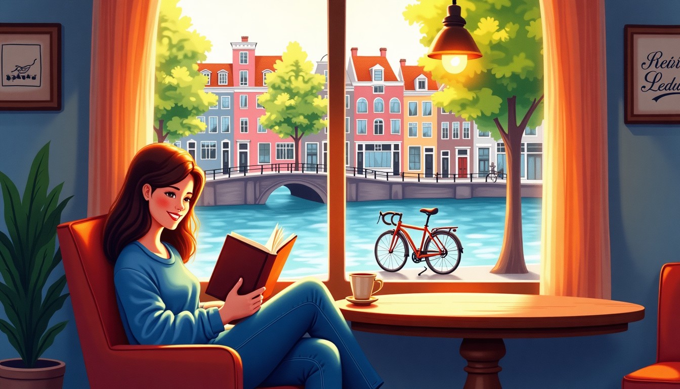 Illustration of a relaxed person reading a Dutch book in an Amsterdam cafe.