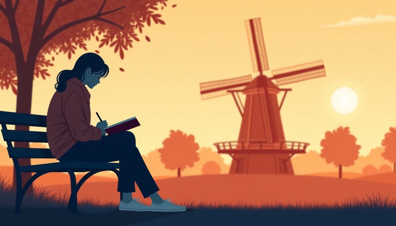 Illustration of someone writing in a journal in a park, representing low-stakes language production.