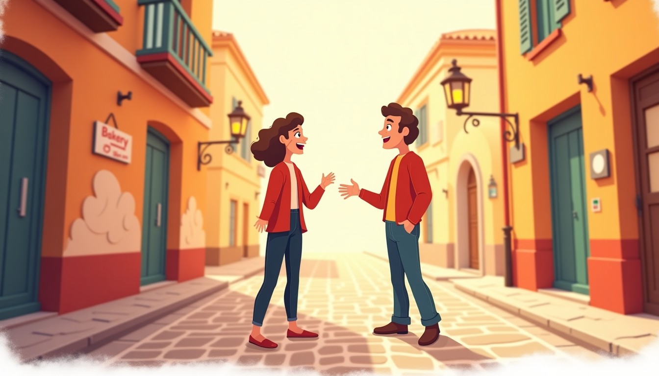 Illustration of two people having a friendly, imperfect conversation on a street.