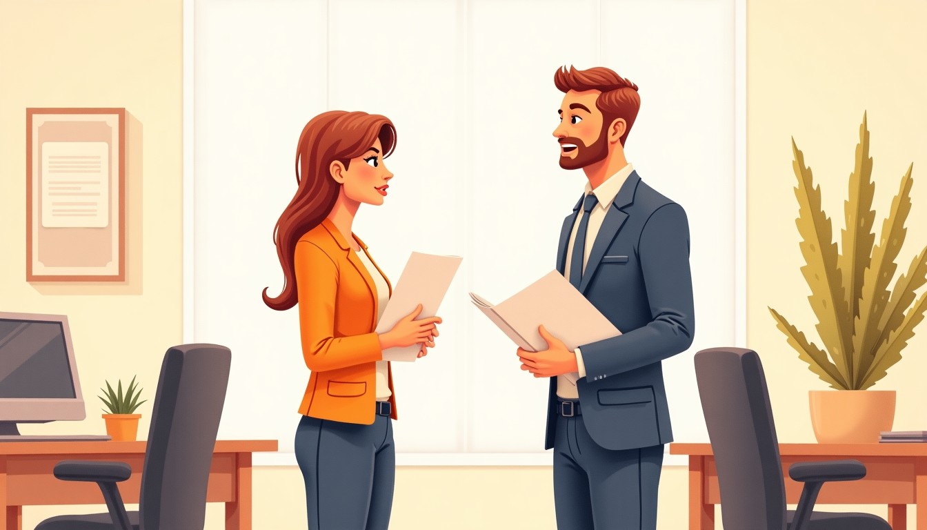 Two colleagues discussing a document in an office
