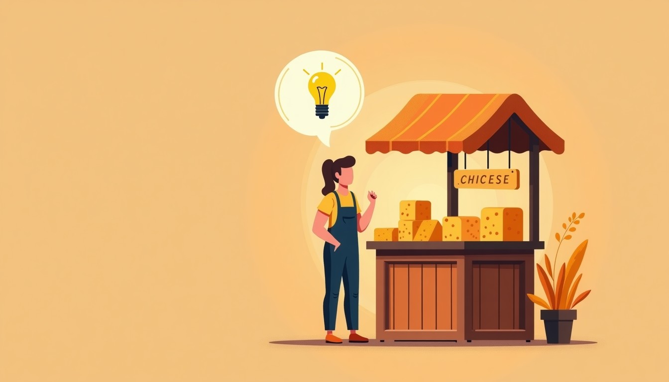 Illustration of a customer thinking at a Dutch cheese market stall