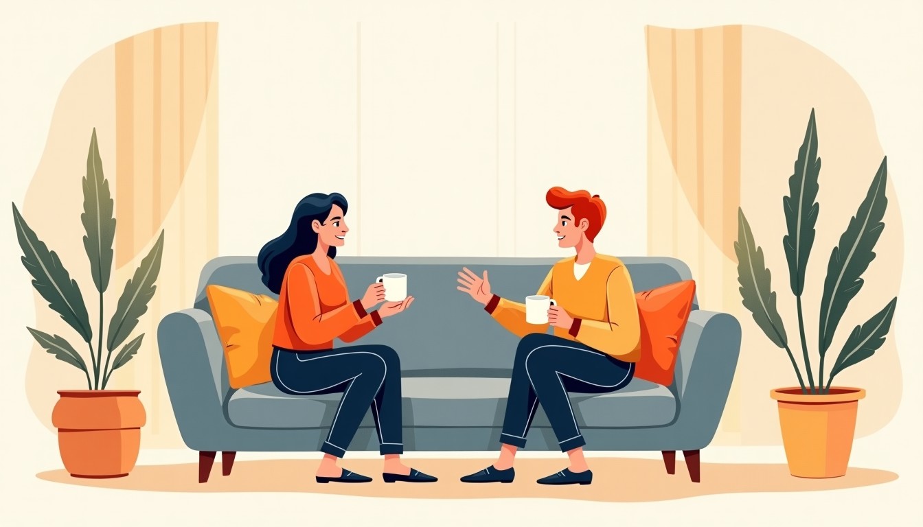 Two friends casually chatting and drinking coffee in a cozy living room