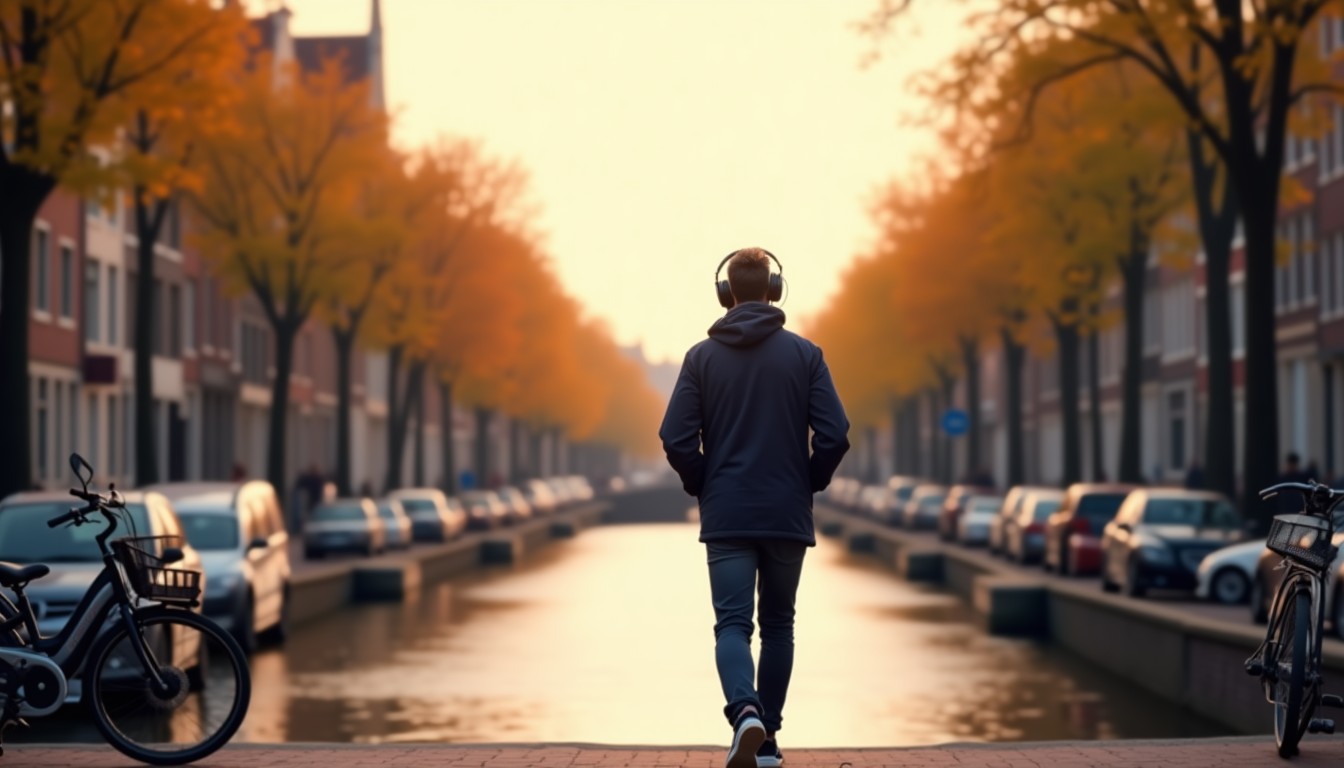 Person walking along a Dutch canal wearing headphones