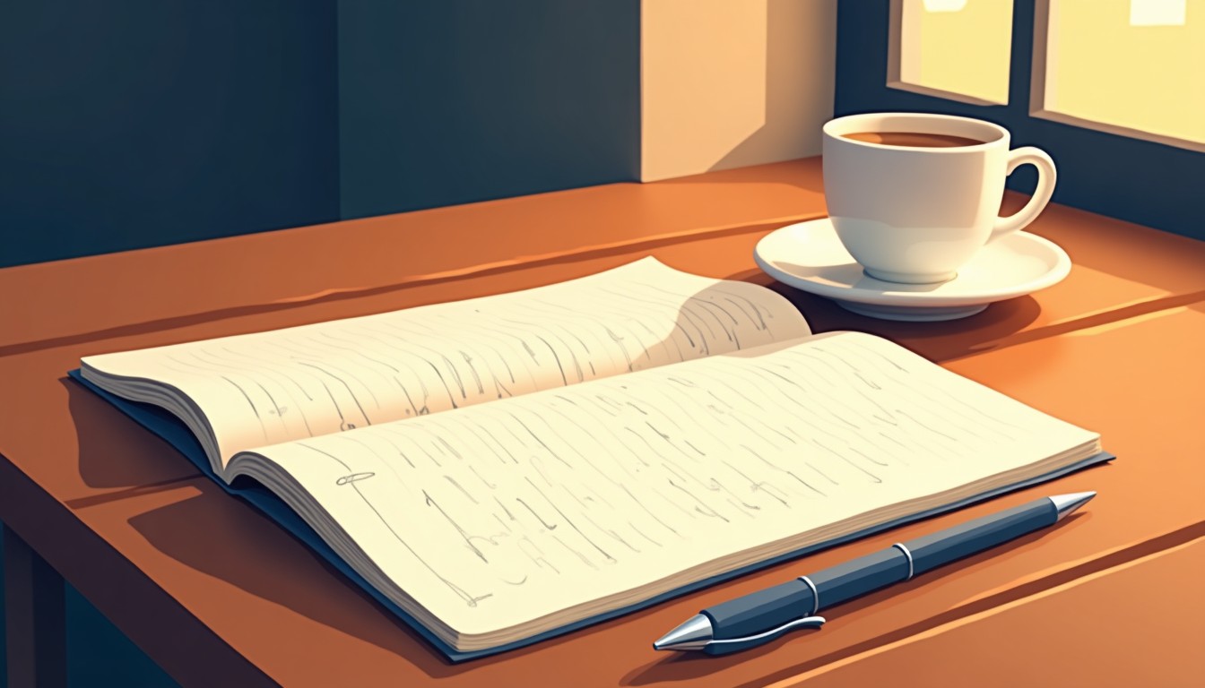 Close up of a notebook and coffee cup on a cafe table