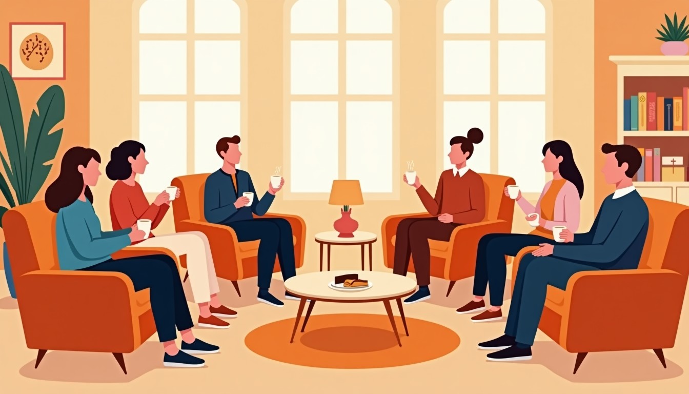 Illustration of a Dutch circle birthday party with people sitting in a ring holding coffee.